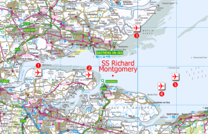 Map showing position of the Richard Montgomery wreck and suggested airport developments:  1. Cliffe; 2. Grain (Thames Hub); 3. Foulness; 4. Off the Isle of Sheppey; 5. Shivering Sands (‘Boris Island’).